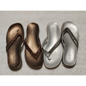 Set Of 2 Women's Sz 7 George Brown + Silver Metallic Sandals Flip Flops Beaded